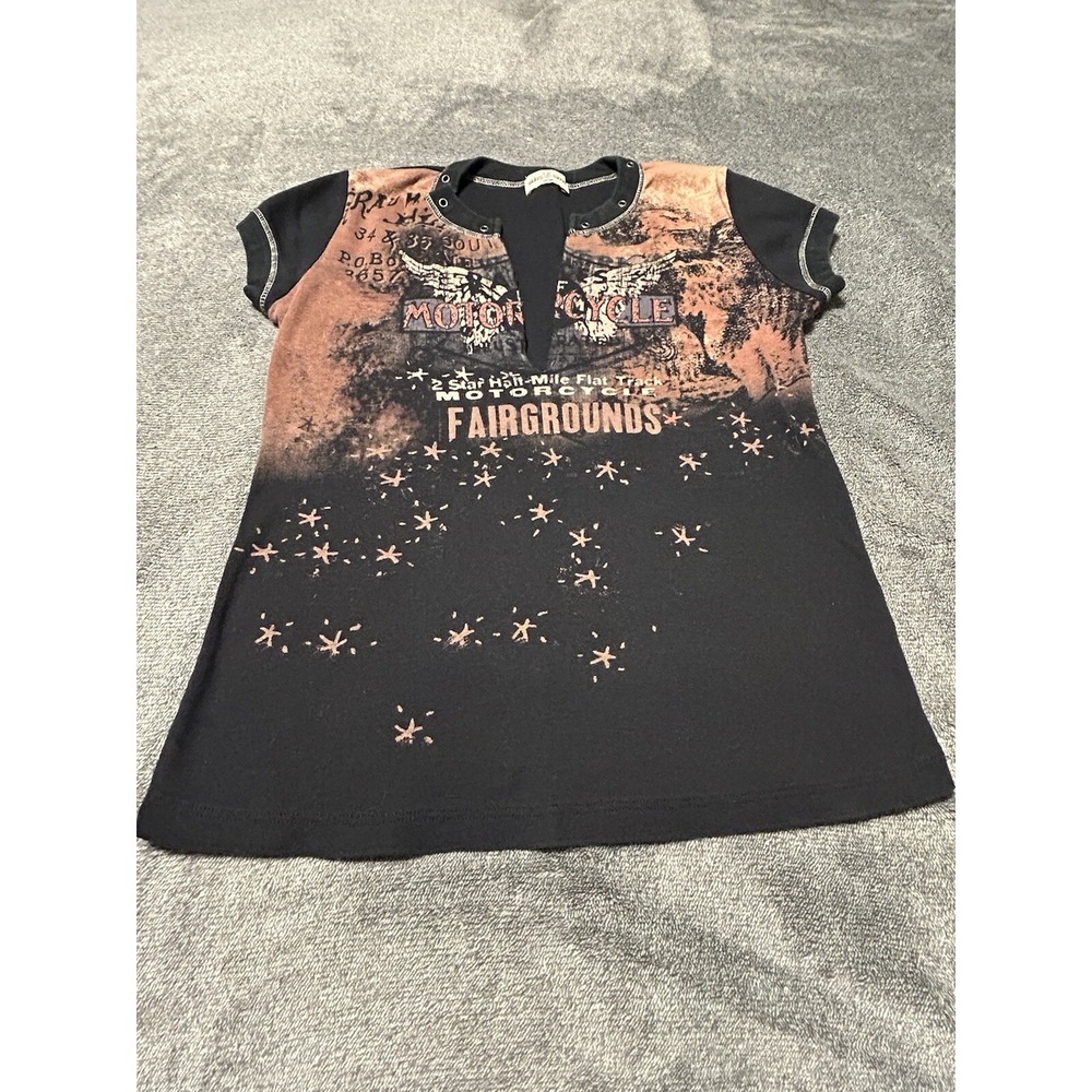 Skinny Minnie Women Top Black Vneck Vintage Y2k Motorcycle Fairgrounds Large